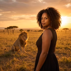 Portrait of Leonie Noble-Dawkins on the savanna beside a majestic lion, positioned on her side and looking directly at the camera, showing her stunning voluminous curly hair.